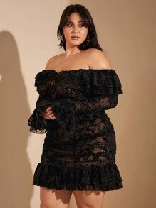 SHEIN BAE 大码女式浪漫甜美性感派对弹力植绒网眼荷叶边露肩迷你褶饰连衣裙，万圣节派对 - 黑色 - 查看 9