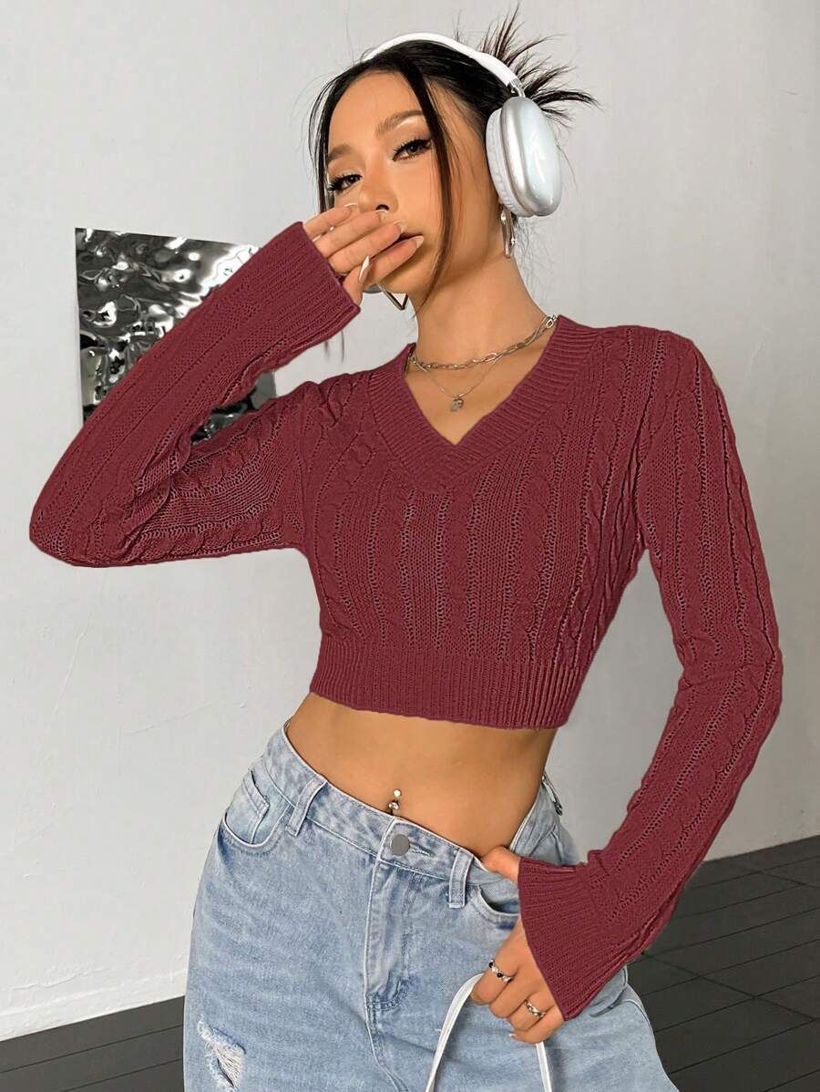Flirla Women's Solid V-Neck Long Sleeve Casual Cropped Sweater Knit Pullover Fall Winter - Burgundy - View 1
