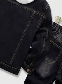 SHEIN Tween Boy 休闲复古破洞牛仔装，百搭百搭街头风格套装，舒适的 2024 年新品，适合日常穿着