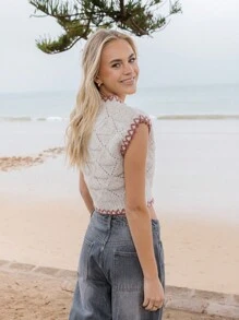Aralina Áo len crop cổ tròn phối chỉ tương phản phong cách Western Luxe Pointelle - Màu be - Xem 3