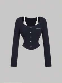 SHEIN MOD Camiseta azul marino linda con botones contrastantes en el frente con encaje, camiseta de otoño, camiseta de estilo universitario, camiseta casual, top para salir de princesa para mujer