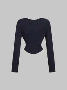SHEIN MOD Camiseta azul marino linda con botones contrastantes en el frente con encaje, camiseta de otoño, camiseta de estilo universitario, camiseta casual, top para salir de princesa para mujer