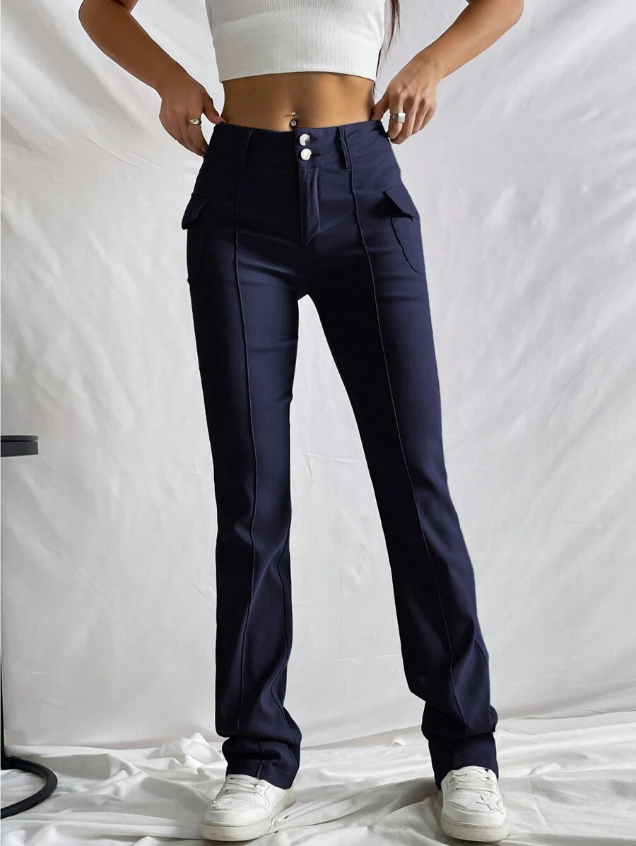 SHEIN EZwear 女士纯色前扣紧身口袋休闲裤 - 藏蓝色 - 查看 1
