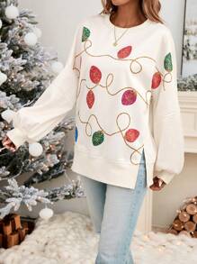 SHEIN LUNE Christmas Neon Lights Print Crew Neck Slit Cuff Long Sleeve Sweatshirt For Women, Casual Winter Christmas Sweatshirt Sudaderas Moletom Crewneck Sweatshirt Christmas Sweatshirt Women