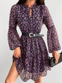 EURMUSE Váy midi tay đèn lồng họa tiết hoa nhỏ giản dị, mùa thu - Nhiều màu - Xem 4