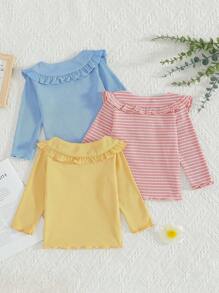 SHEIN Playful Pals 3pcs/Set Baby Girls Elegant Ruffle Peter Pan Collar Striped Long Sleeve T-Shirt, Cute & Fashionable Ideal For Casual, Holiday And Everyday Wear, All Seasons - Blue - View 3