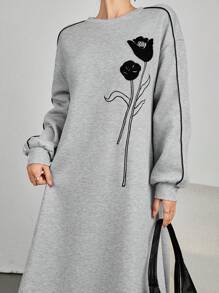 Mulvari Sukienka damska z nadrukiem kwiatowym, okrągłym dekoltem, opadającymi ramionami, długim rękawem, swobodna, w stylu arabskim, skromna