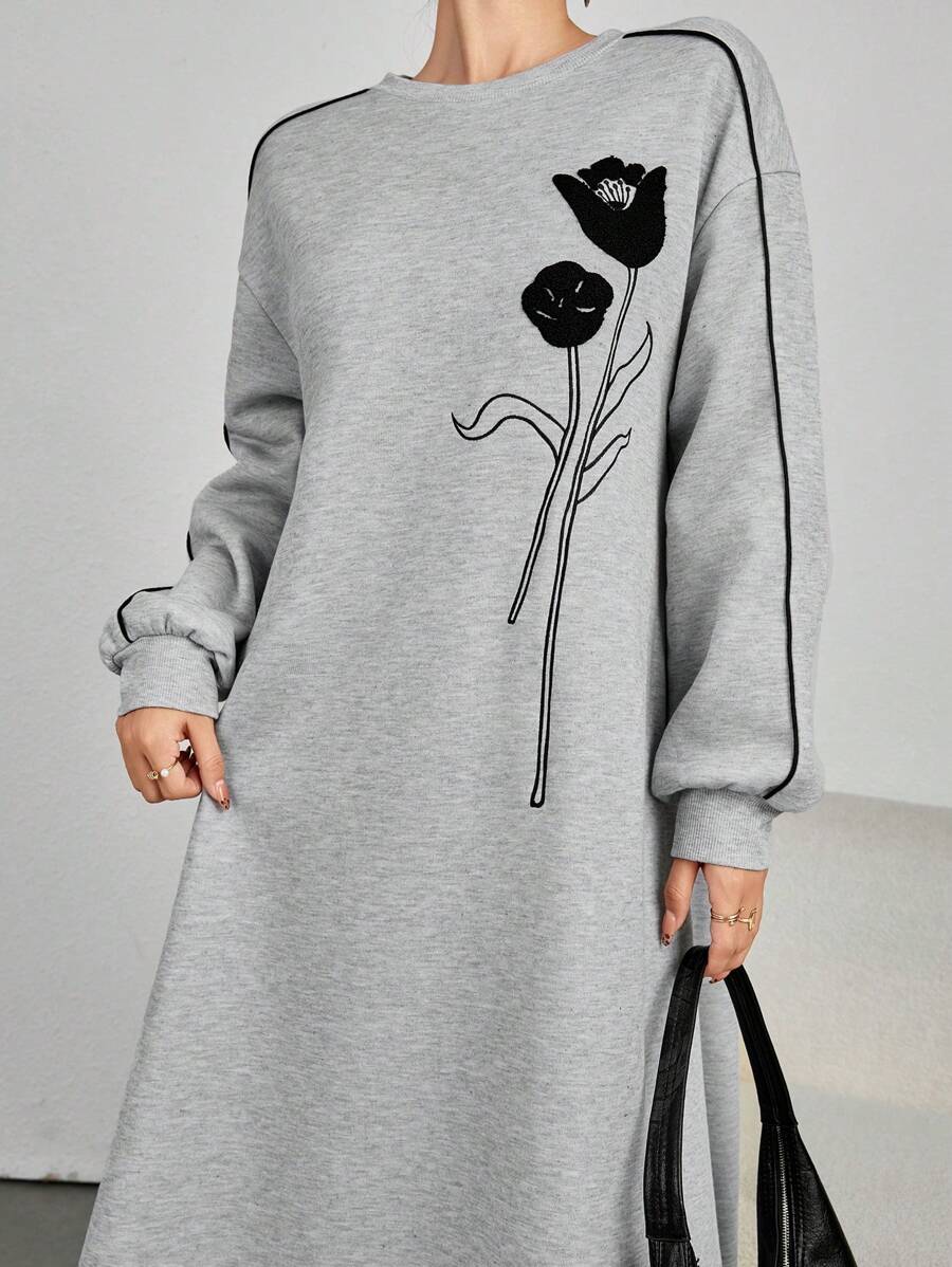 Mulvari Sukienka damska z nadrukiem kwiatowym, okrągłym dekoltem, opadającymi ramionami, długim rękawem, swobodna, w stylu arabskim, skromna