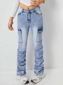 Jeans acampanados de mezclilla desgastada con pliegues y bolsillos con solapa, denim superpuesto, de moda Y2K para niñas - Azul lavado medio - Ver 7