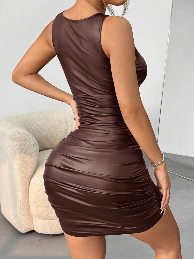 shein brown leather dress SHEIN Split Back PU Leather Dress