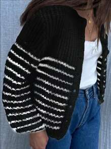 INAWLY 女士休闲条纹灯笼袖开衫，秋冬 - 黑色 - 查看 3