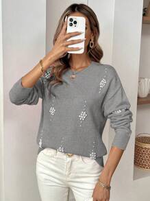 SHEIN LUNE Áo len nữ dệt kim thoải mái, mềm mại, đính ngọc trai, thích hợp cho mùa thu đông. - Màu xám đen - Xem 5