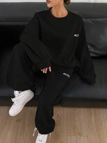 DAZY 女士休闲宽松套装两件套，新款秋季系列女士家居服套装 - 黑色 - 查看 3