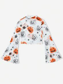 SHEIN VCAY Blusa holgada con mangas campana y estampado de calabazas para mujeres, ropa de Halloween
