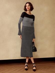 MOTF PREMIUM STRIPED PATTERN FLARE SLEEVE SLIM FIT SWEATER DRESS WITHOUT BELT - Black and White - View 4