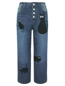 Jeans simples con bolsillo delantero y estampado de gato para mujer, uso casual de todos los días - Azul - Ver 4