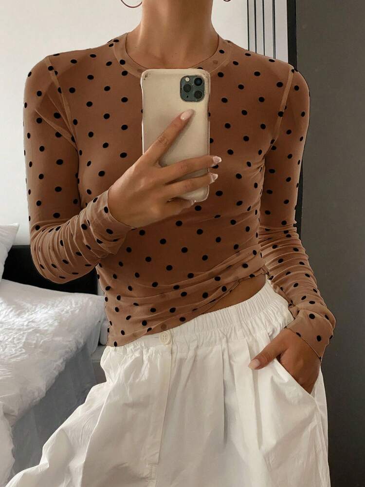 Women's Polka Dot Allover Print Crew Neck Long Sleeve Fitted Blouse Y2k,Fall Clothes,Back To School Clothes