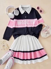 SHEIN 2 件套青少年女孩休闲时尚校园街头风格简约高领运动衫和迷你裙套装 - 彩色 - 查看 1