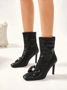 CUCCOO CHICEST 方头细高跟鞋复古设计蝴蝶结短靴搭配连衣裙，新款女式踝靴配后拉链秋季 - 黑色 - 查看 3