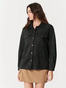 Muchica Women Vintage Casual Faux Suede Black Loose Jacket Shirt Style For Autumn/Winter - Black - View 4