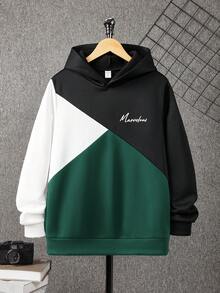 SHEIN Sudadera con capucha con estampado gráfico de bloqueo de color, cómoda y versátil, para adolescentes - Verde Oscuro - Ver 3