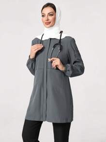 TaskEZ Plain Color Multi-Pocket Front Button Scrub Uniform Jacket - Grey - View 8