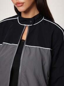 Forever 21 Women Spring Autumn Stand Collar Long Sleeve Colorblock Casual Jacket - Black - View 4