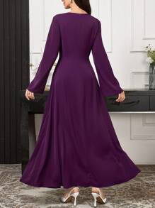 Al Najma High-End V-Neck Sequin & Rhinestone Embellished Dress For Autumn/Winter, Arabian Style, Elegant Maxi Modest Long Sleeve Jalabiya Arabian Dresses, For Evening Party/Wedding Guest/Anniversary - Purple - View 2