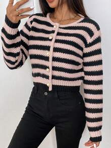 SHEIN PETITE Áo khoác cardigan sọc dài tay cài nút phía trước dành cho nữ, mặc hàng ngày - Màu Hồng baby - Xem 3