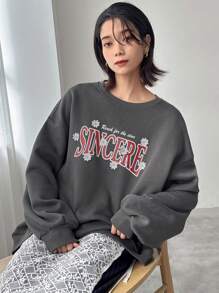 FRIFUL Women's Loose Fit Thermal Lined Printed Crew Neck Sweatshirt Fall,Winter - Grey - View 2