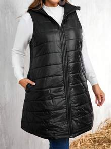 SHEIN LUNE Plus Size Solid Color Front Zipper Sleeveless Minimalist Hooded Casual Padded Padded Coat Clothes Winter - Black - View 5