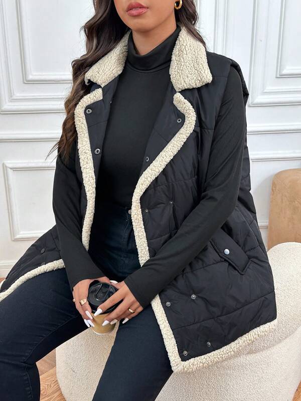 SHEIN Frenchy Chaqueta de chaleco grueso de talla grande para mujer, diseño de color block, prenda exterior de moda y cálida para otoño/invierno