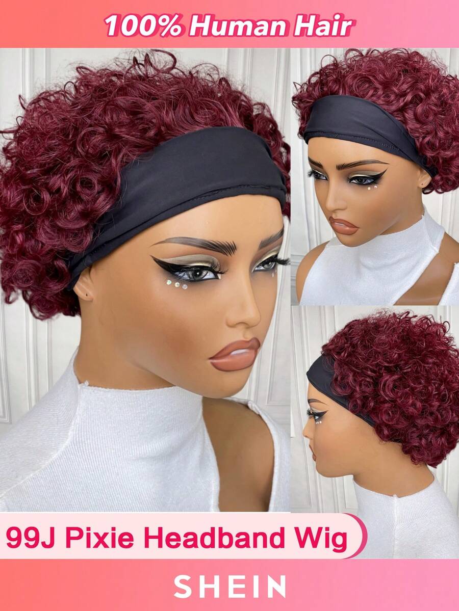 6 Inch 99J Short Curly Headband Wig For Women 100 Remy Human Hair
