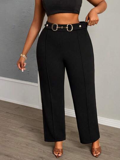 Slaydiva Pantalones maxi rectos elegantes, de comuta, fiesta y cita con decoración de botones de metal negro sólido, para mujer de talla grande, pantalones de primavera y otoño