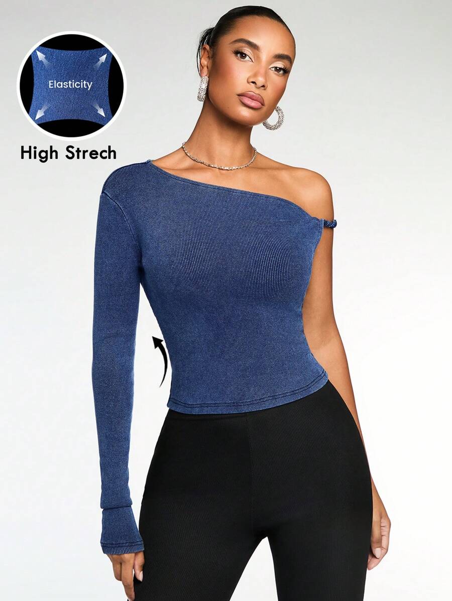 SHEIN BAE 1 件女式牛仔蓝色不对称领口修身衬衫、长袖上衣、保暖衬衫、性感长袖上衣、高弹力上衣 - 深色水洗藍 - 查看 1