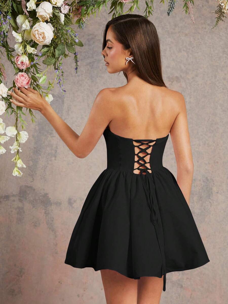 L'Amorae Váy corset xếp lớp vải tuyn organza buộc dây sau lưng - màu đen - Xem 1