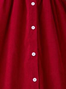 SHEIN 少女花卉刺绣正面纽扣长袖褶皱休闲连衣裙 - 紅色 - 查看 7