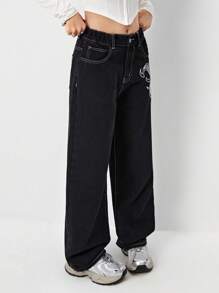 SHEIN TEEN GIRL Y2K Urban Street Chic Flame Graphic Embroidery Detail Half Elastic Waist Classic 5 Pockets Low Waist Loose Jeans With Contrast Seam, Chic Girls Must_have Versatile Fashion Item