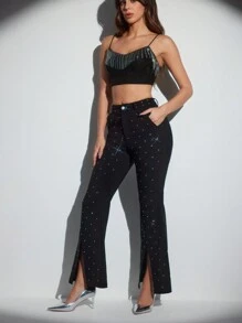 SHEIN X Belinda NO NAME Designer Frauen Glamouröse Hoch Taillierte Hose mit Schlitz und Strass Dekor, für Erntedankfest, Feiertage, Neujahr, Festivals