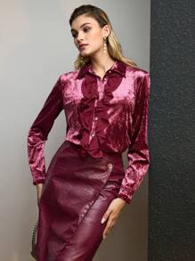 MOTF PREMIUM VELVET LAYERED RUFFLE TRIM SHIRT - Burgundy - View 10