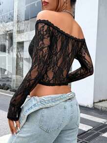 INAWLY Women's Off-Shoulder Long Sleeve Lace Cropped Tight-Fitting Sexy T-Shirt, Spring And Summer - Black - View 3
