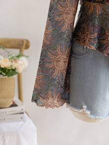 Soleia 大码女式假日/返校休闲秋季星月花朵印花娃娃衫长袖衬衫 - 彩色 - 查看 5