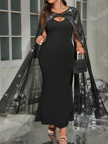 Allurite 大码女式拼接闪光设计斗篷配鱼尾下摆派对和宴会礼服，优雅