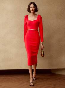 MOTF PREMIUM Vestido ceñido bustier de escote corazón con lazo en los hombros, sin cinturón - Rojo - Ver 8