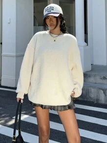 SHEIN Unity 女士休闲宽松落肩羊毛运动衫，适合秋冬季日常穿着 - 白色 - 查看 5