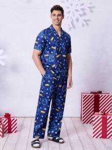 THE POLAR EXPRESS X SHEIN Men Allover Print Shirt & Pants Loungewear Sets, For Christmas - Navy Blue - View 3