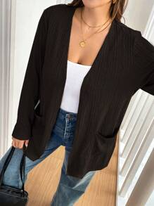 SHEIN Essnce 大码女装秋冬新款时尚优雅网红街拍百搭休闲通勤商务工作多件装2件装黑棕色长袖开衫外套口袋夹克针织外套 - 彩色 - 查看 4