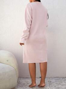 EURMUSE 100%Cotton Plus Letter Embroidery Half Button Nightdress - Dusty Pink - View 2