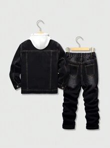 SHEIN Tween Boy 休闲复古破洞牛仔装，百搭百搭街头风格套装，舒适的 2024 年新品，适合日常穿着