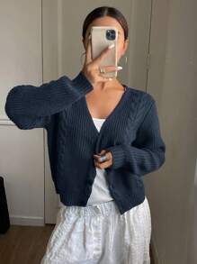 Livesso 新款秋季短款扭纹针织开衫，女装，秋季女装夹克 - 藏蓝色 - 查看 3